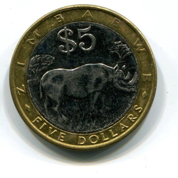 2001 Zimbabwe Bimetallic Rhino $5 Coin (b489-21) - Picture 2 of 2
